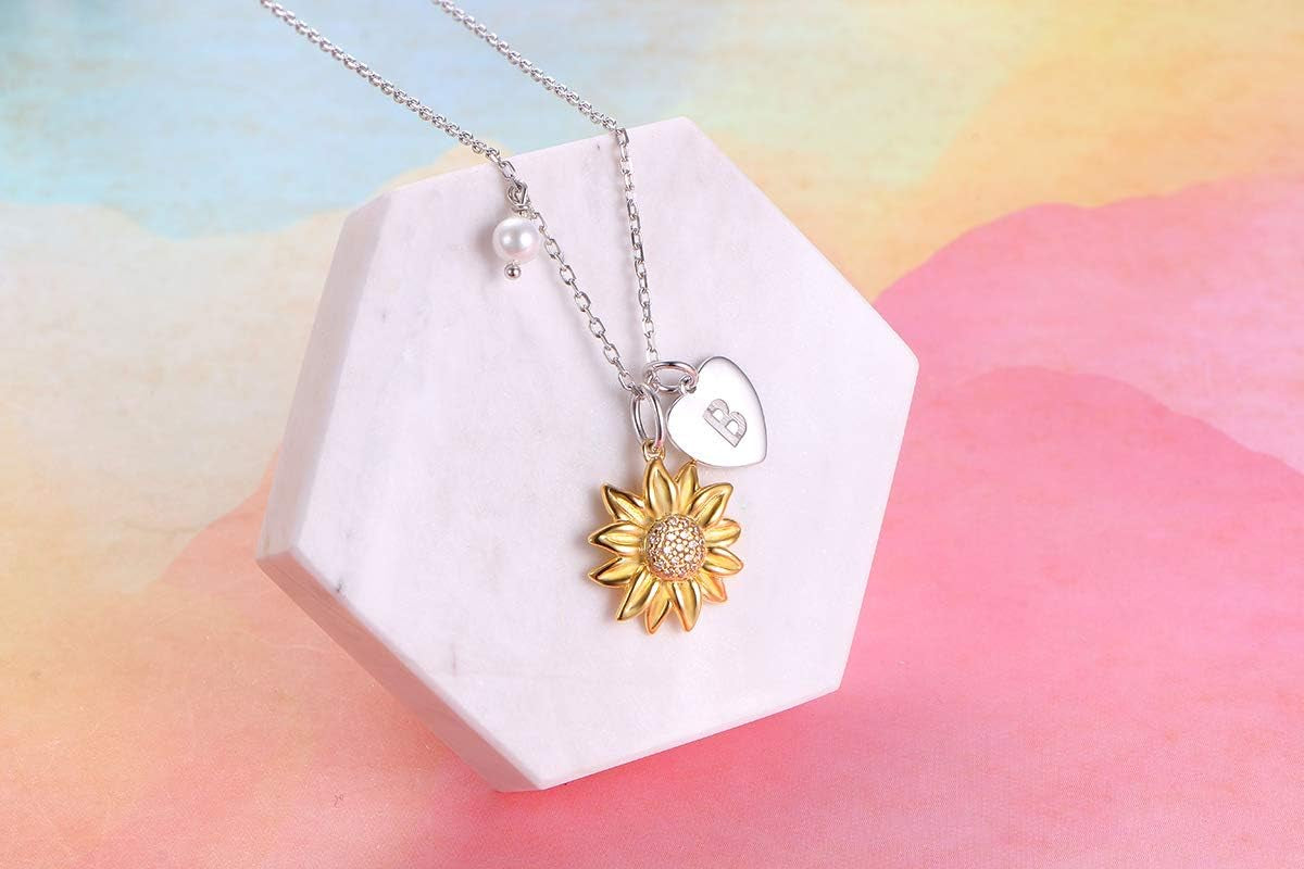 Sterling Silver Gold Tone Sunflower Initial 26 Letter Script Name Alphabet a to Z Necklace Personalized Pendant