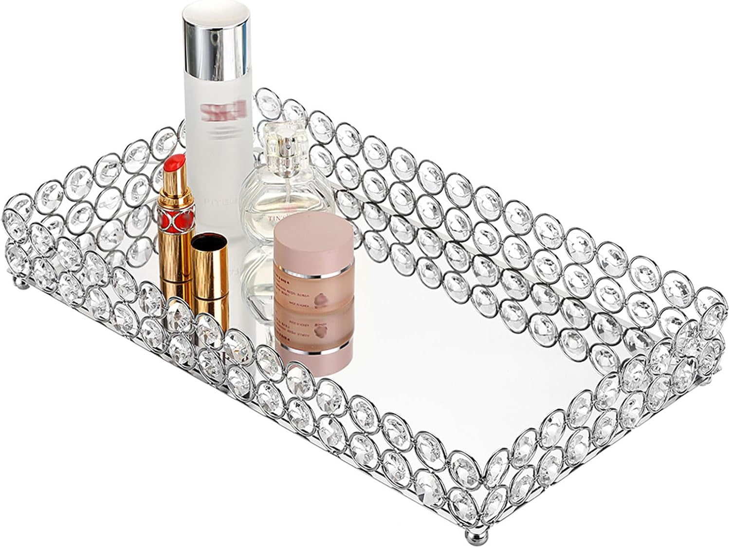 Elegant Large Crystal Makeup & Jewelry Organizer Tray - Mirrored Vanity Dresser & Bathroom Decor, 13.7" x 7.87 - Alrickas’ UNIQUE BOUTIQUE