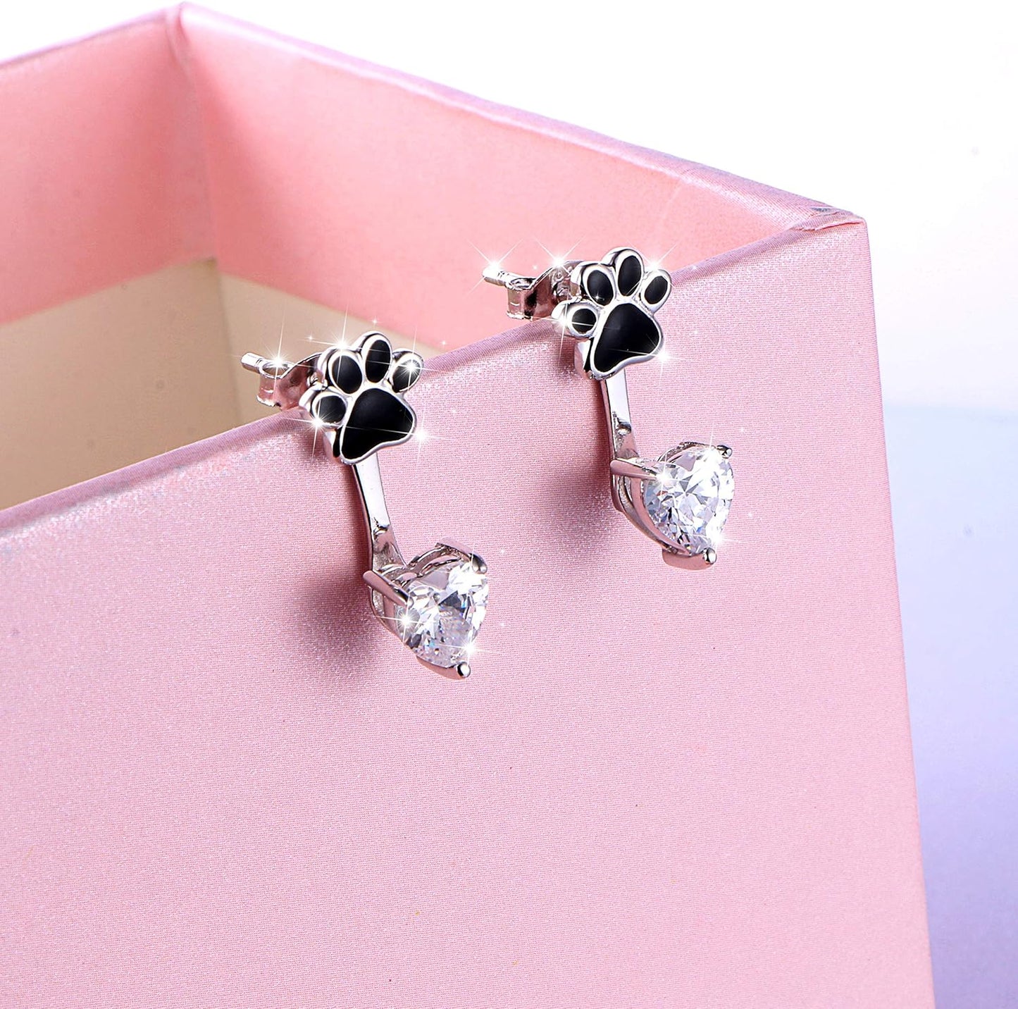 Sterling Silver Forever Love Front and Back Heart Stud Puppy Paw Earrings Jacket for Women