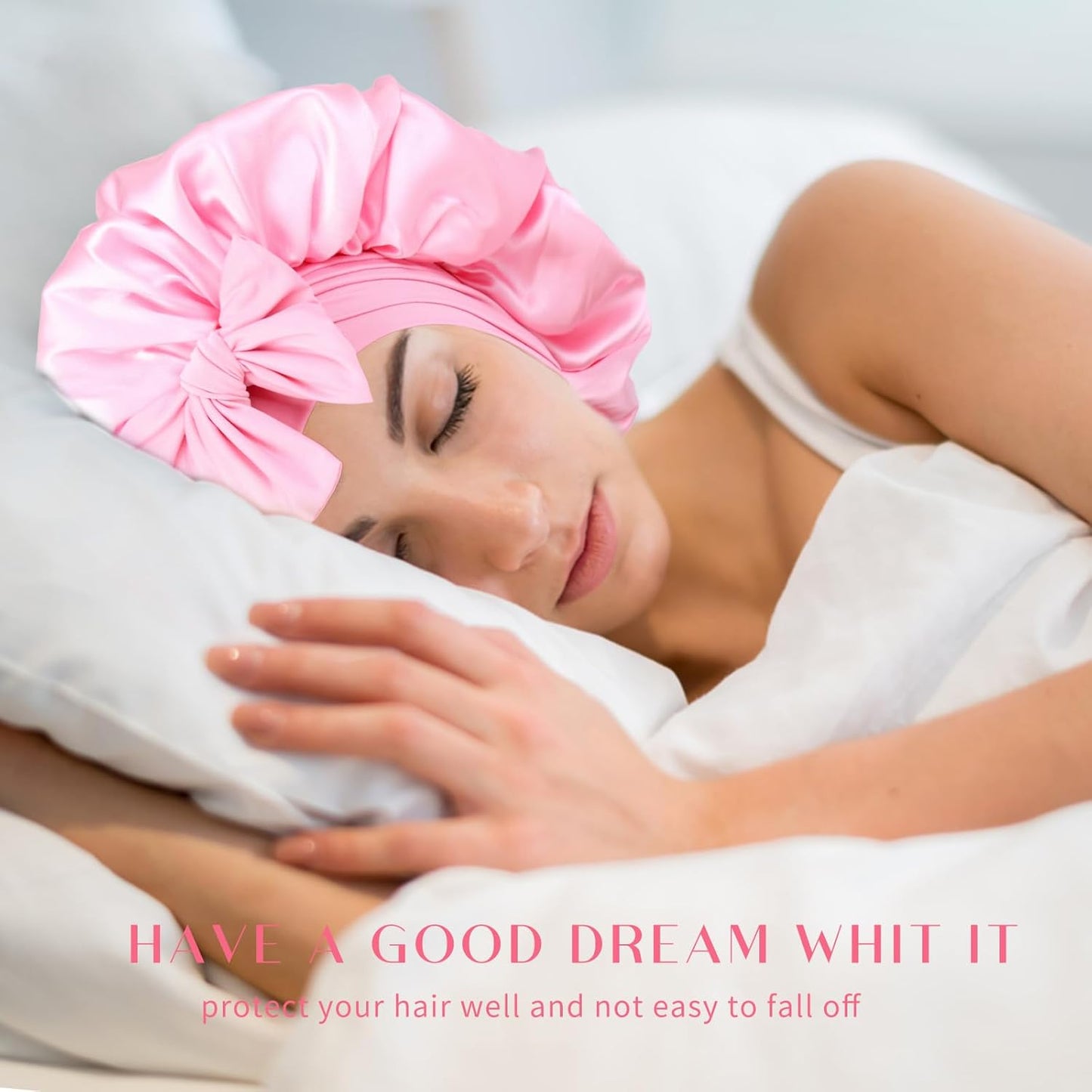 Silk Double Layer Satin Hair Bonnet with Elastic Tie Band for Curly Hair - Adjustable, Pink
