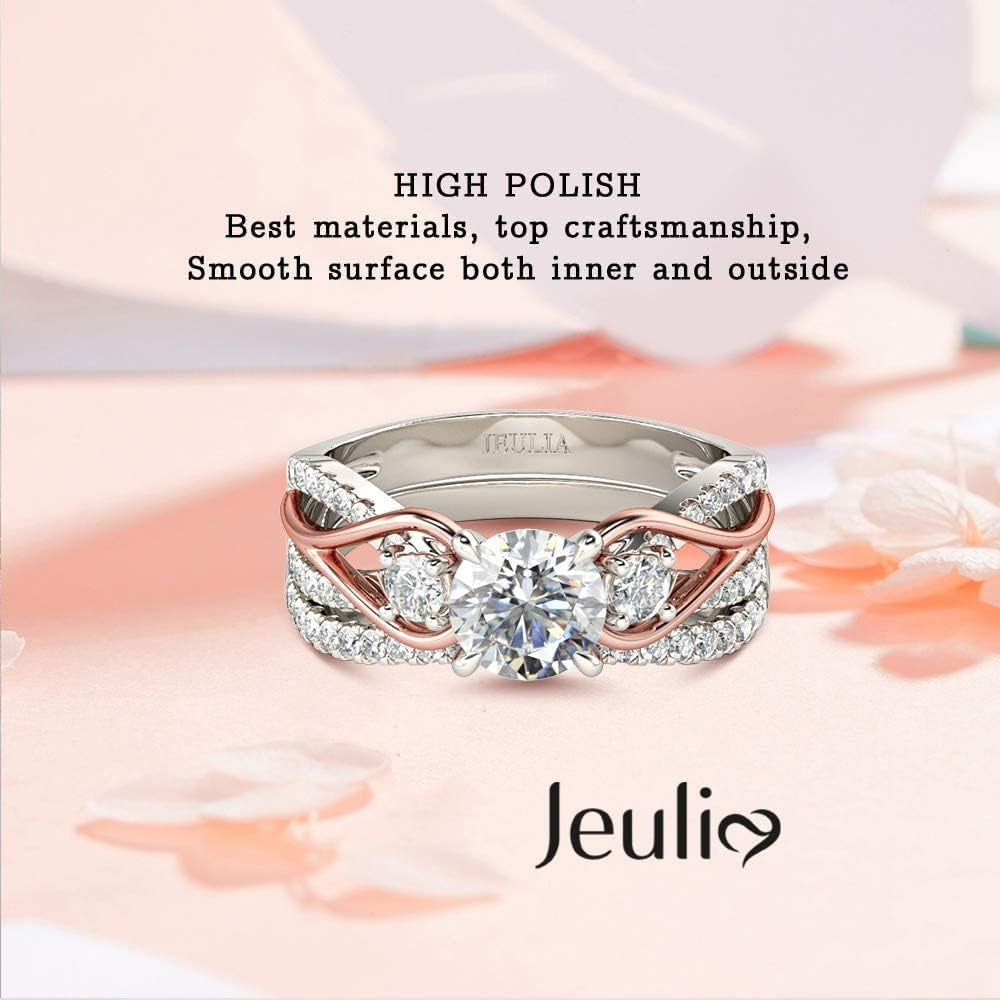 Two Tone Rings for Women Rose Gold Three Stone round Cut Engagement Rings Sterling Silver Halo Bridal Ring Set Anniversary Promise Wedding Ring with Jewelry Gift Box