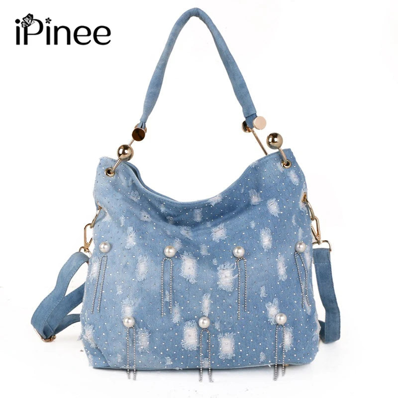Luxury Pearl Denim Shoulder Bag for Women - High-Quality Designer Crossbody Handbag - Alrickas’ UNIQUE BOUTIQUE