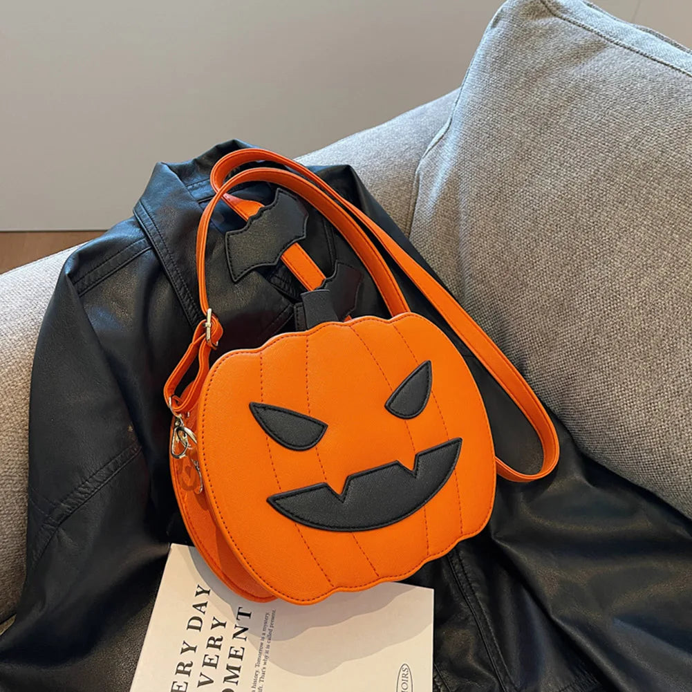 Women Novelty Pumpkin Purse PU Leather Demon Messenger Bag with Zipper Adjustable Strap Halloween Funny Bag