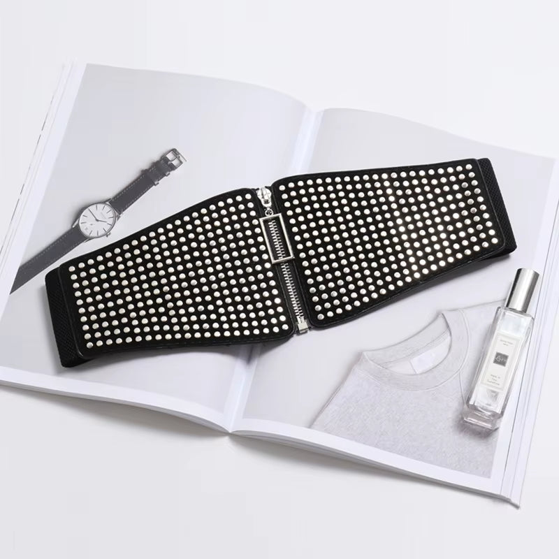 Gothic Punk Rivet Wide Elastic Corset Belt - Plus Size Stretch Cummerbund for Women - Alrickas’ UNIQUE BOUTIQUE