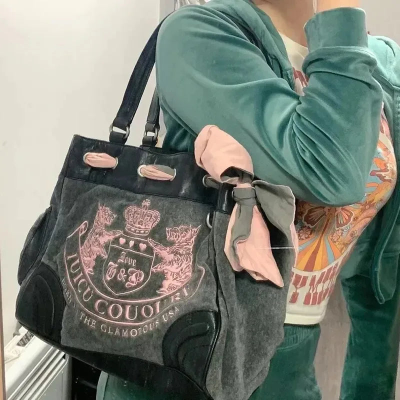 Y2K Women Vintage Retro Chic Embroidery Velvet Handbags Ladies Large-Capacity Tote Bag Girl Shopping Shoulder Bag Women'S Purses