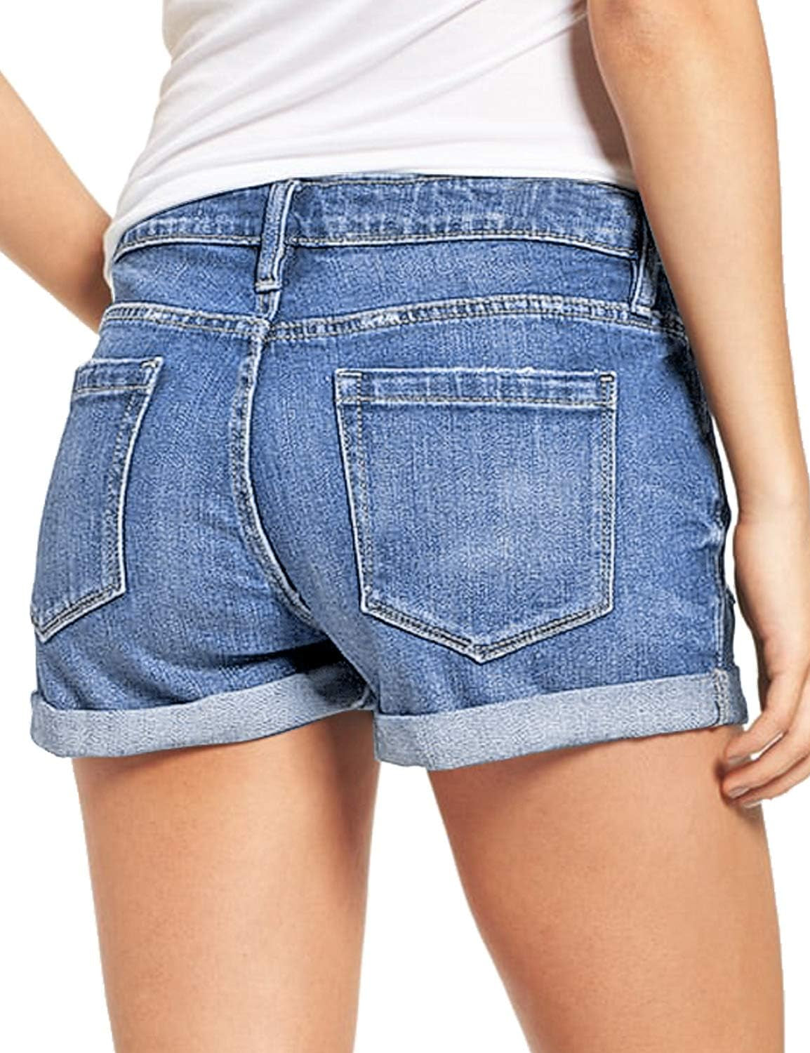 High-Waisted Ripped Denim Jean Shorts for Women - Stretchy Folded Hem Style - Alrickas’ UNIQUE BOUTIQUE