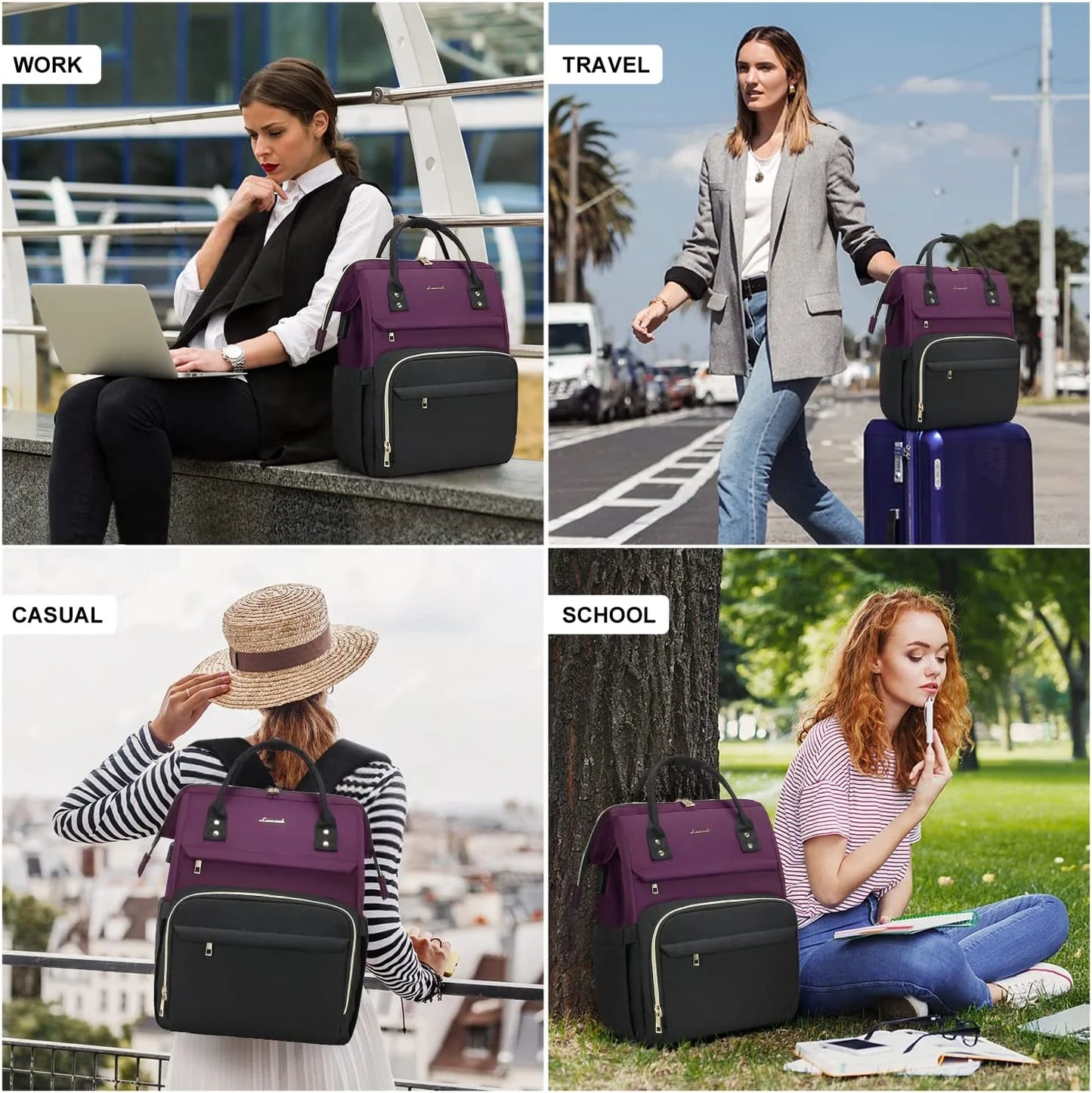 Laptop Bag 15.6",Women Work Computer Bag Teacher Nurse Backpack Purse with Usb,Waterproof Travel Backpack College Bookbag(Dark Purple-Black)