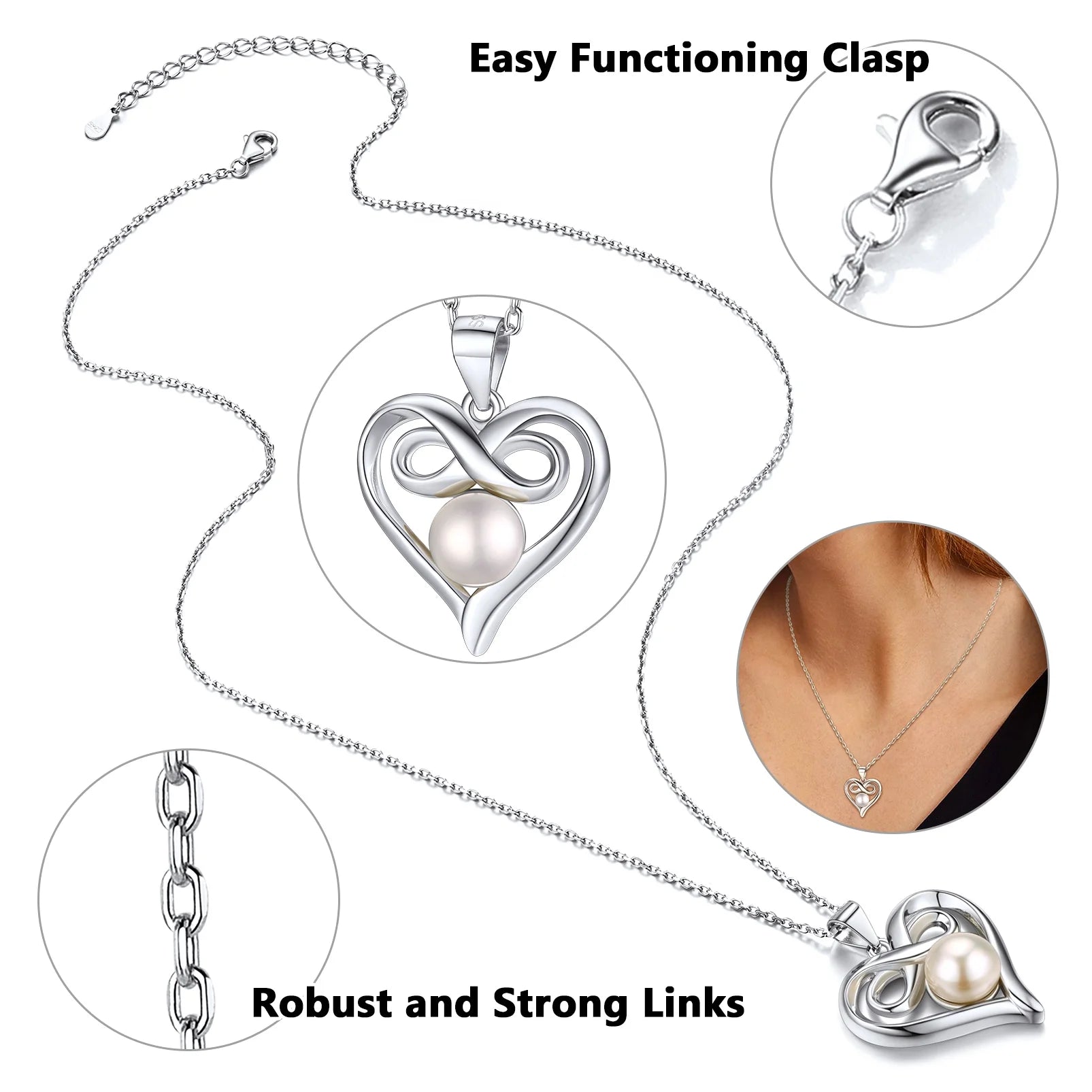 Elegant Heart Infinity Necklace with Freshwater Pearl - Sterling Silver Jewelry Gift for Her - Alrickas’ UNIQUE BOUTIQUE
