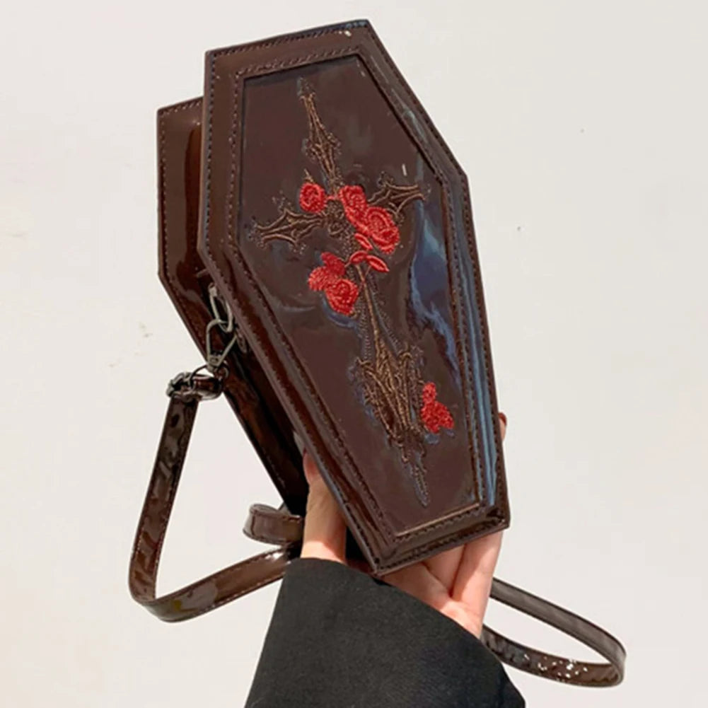 Women Coffin Satchel Purse Cartoon Gothic Crossbody Bag Versatile Rose Shoulder Bag Rose Crossbody Pouch Halloween Purse