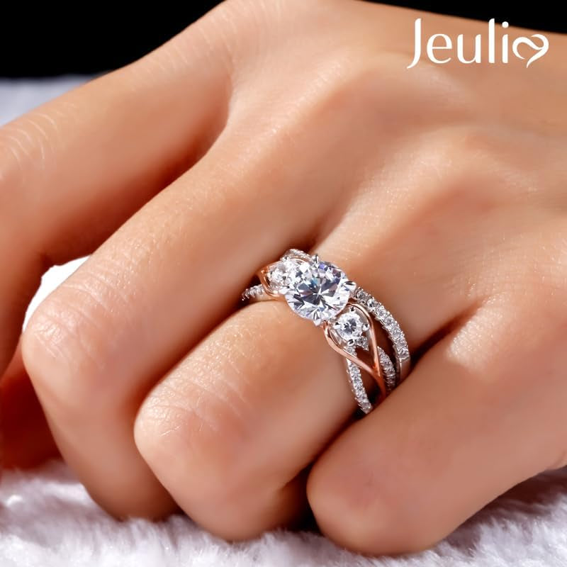 Two Tone Rings for Women Rose Gold Three Stone round Cut Engagement Rings Sterling Silver Halo Bridal Ring Set Anniversary Promise Wedding Ring with Jewelry Gift Box