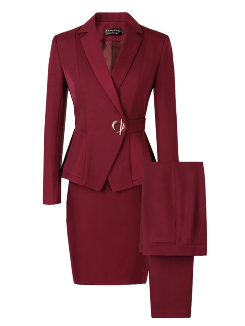 Elegant Women's Two-Piece Skirt Suit Set - Stylish Blazer and Pants for Office Wear in Wine Red and Black - Alrickas’ UNIQUE BOUTIQUE
