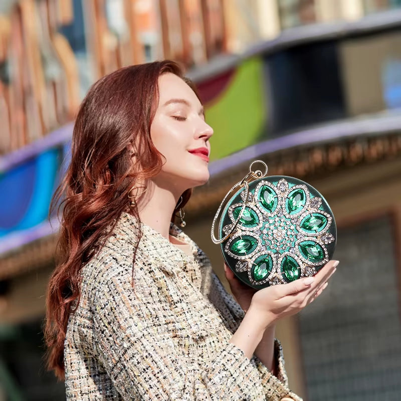 Exquisite Green Round Clutch Bag for Women - Crystal Evening Purse & Elegant Chain Shoulder Handbag ZD1244 - Alrickas’ UNIQUE BOUTIQUE
