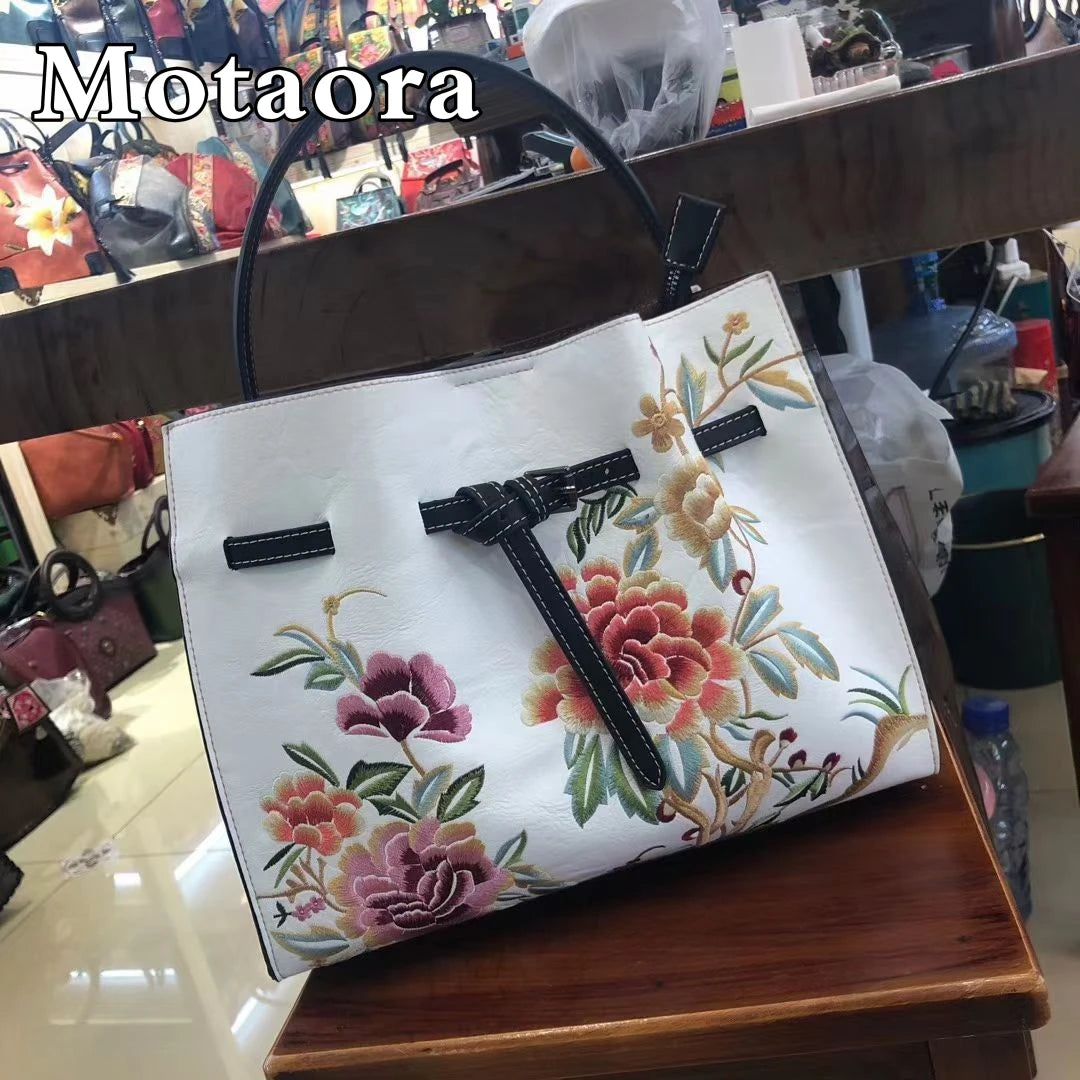 Chinese Style Embroidery Women Shoulder Bag for Ladies Handbags Leather Women'S Luxury Designer Handbag White Big Bags