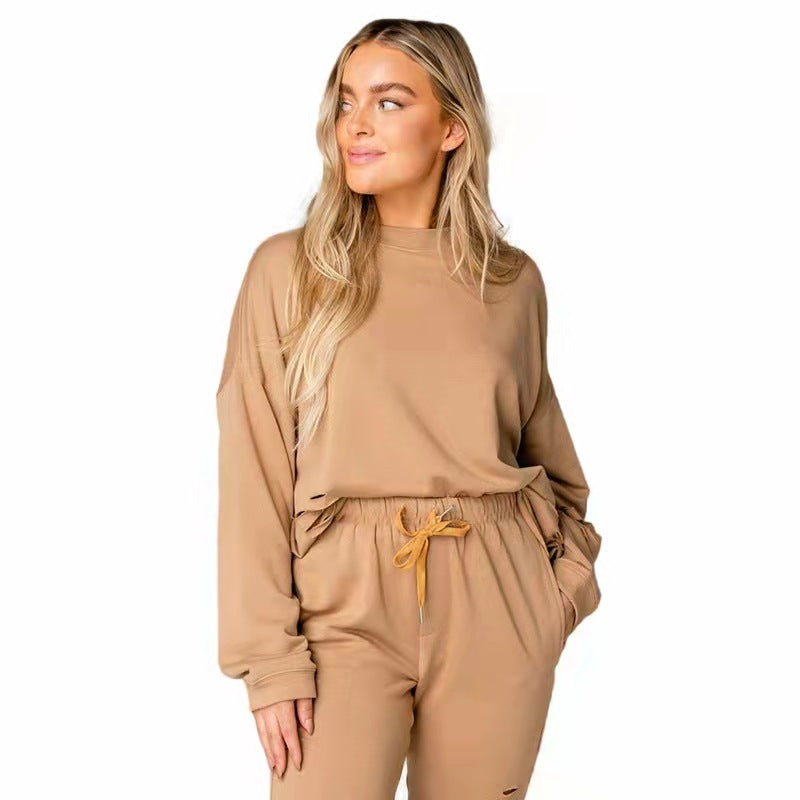 Chic Women's Ripped Round Neck Pullover & Pants Set - Casual Long Sleeve Cotton Sweatshirt Suit - Alrickas’ UNIQUE BOUTIQUE