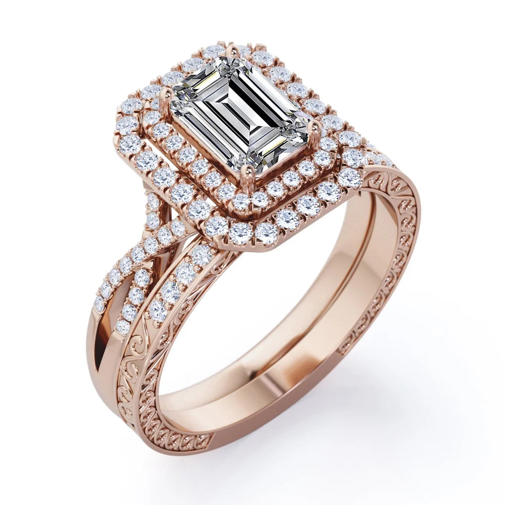 Twisted - 2 Carat Emerald Cut - Filigree Band - Double Halo Design Wedding Ring Set - 18K Rose Gold Plating over Silver