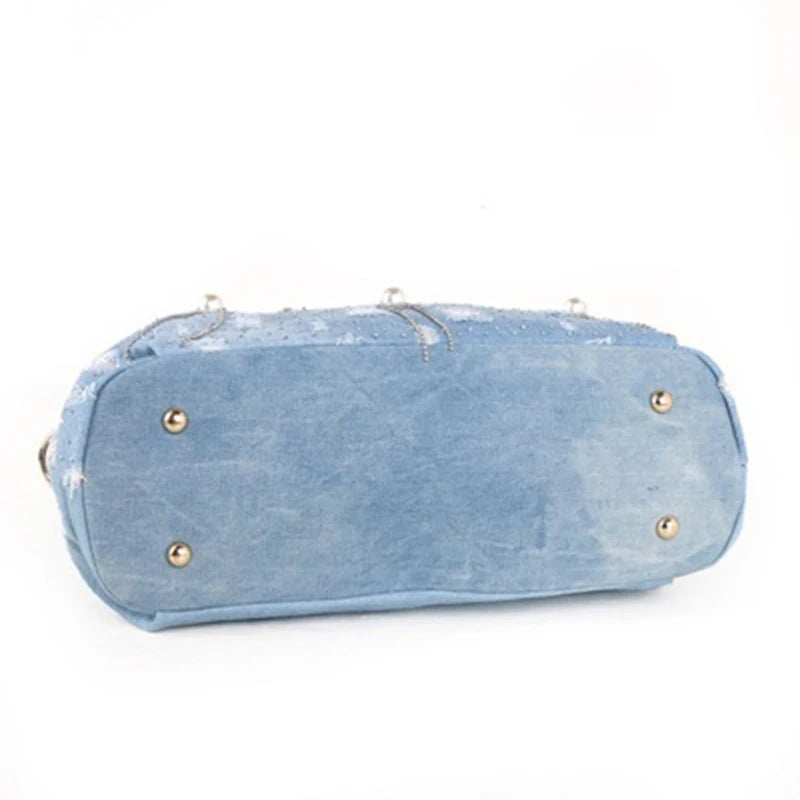Luxury Pearl Denim Shoulder Bag for Women - High-Quality Designer Crossbody Handbag - Alrickas’ UNIQUE BOUTIQUE