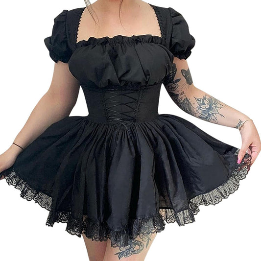 Gothic Lolita Mini Dress - Vintage Punk Puff Sleeve A-Line Swing Dress for Women - Alrickas’ UNIQUE BOUTIQUE