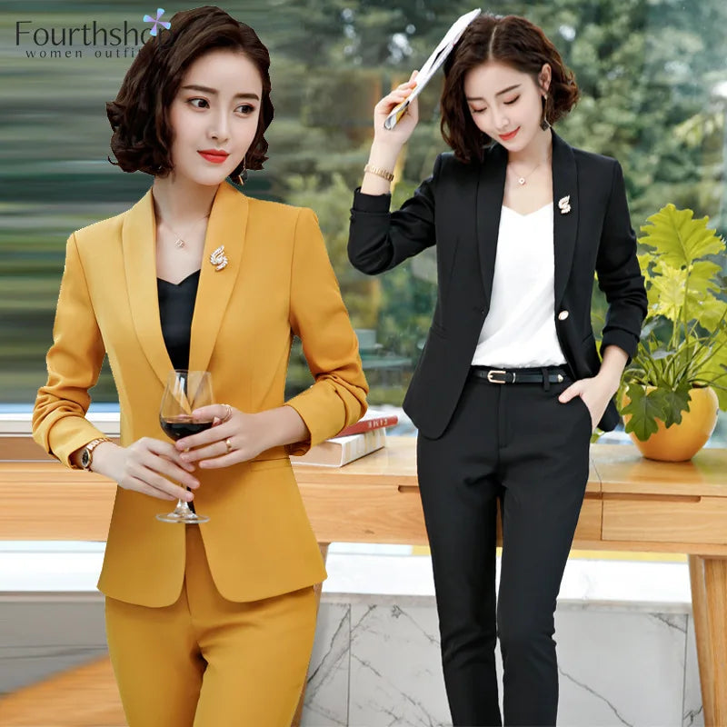 Fashion Women'S Pant Suits Office Lady Business Work Uniform 2 Piece Pants Blazer Set Autumn Spring Formal Jacket Suit Female