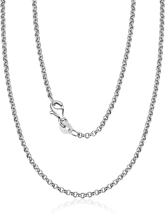 Elegant 2MM Sterling Silver Rolo Chain Necklace with White Gold Plating - Minimalist Fine Jewelry for Men and Women, Secure Lobster Clasp - Alrickas’ UNIQUE BOUTIQUE