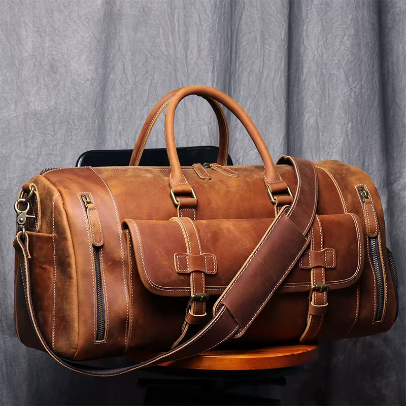 Vintage Crazy Horse Genuine Leather Travel Bag Large Luggage Bag Men Leather Duffle Bag Large Weekend Bag Tote Big