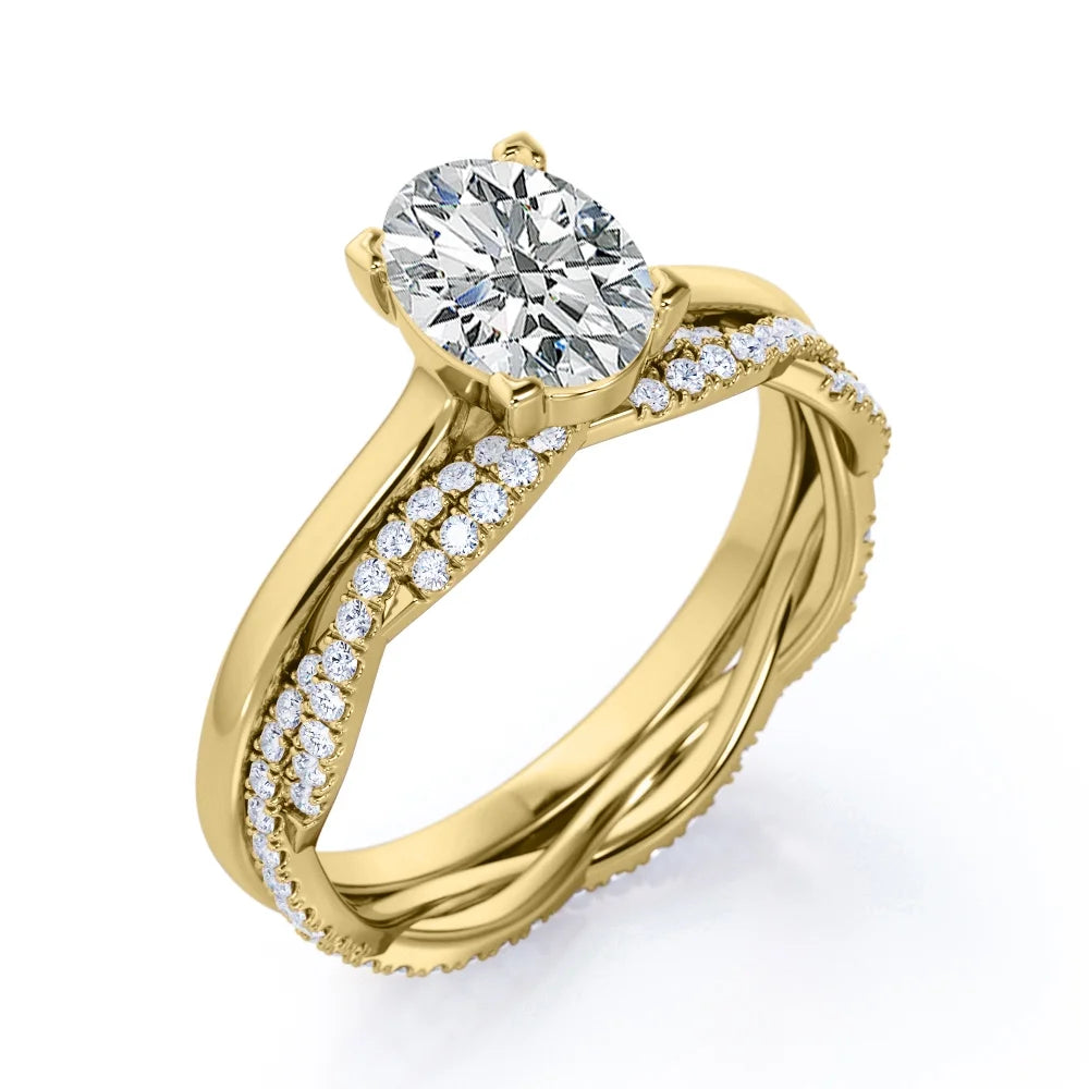 4 Prong Set - 1.75 Carat Oval Shape - Pave Twisted Shank Wedding Set - 18K Yellow Gold Plating over Silver (CUSTOMIZE YOUR WEDDING RING BAND)