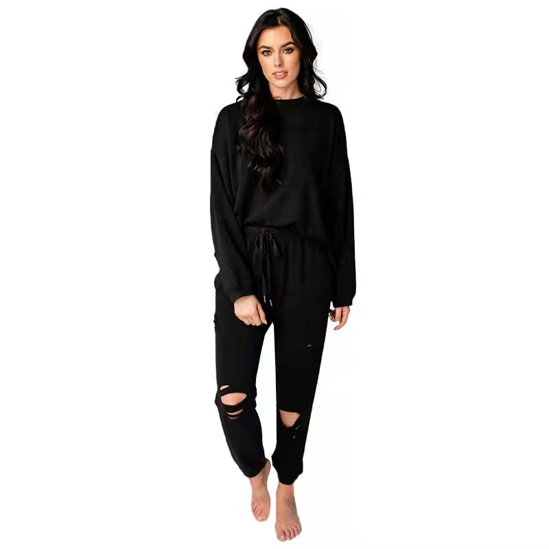 Chic Women's Ripped Round Neck Pullover & Pants Set - Casual Long Sleeve Cotton Sweatshirt Suit - Alrickas’ UNIQUE BOUTIQUE