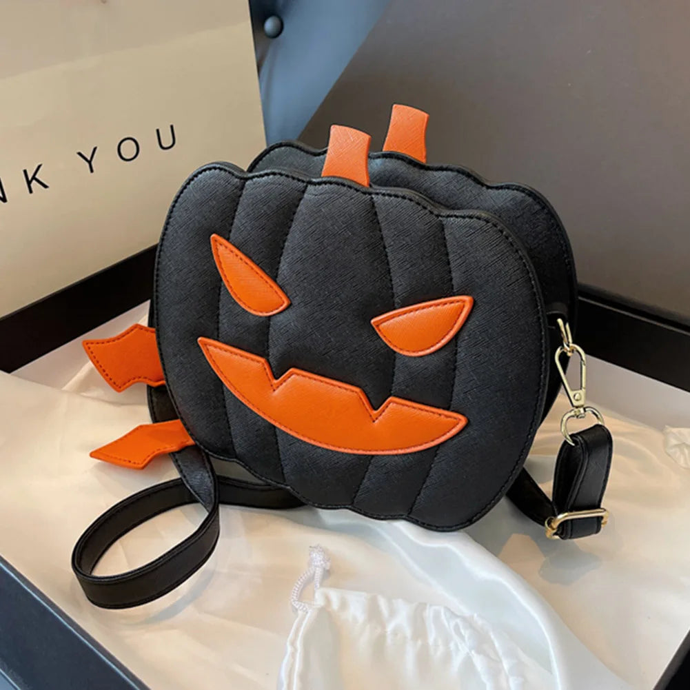 Women Novelty Pumpkin Purse PU Leather Demon Messenger Bag with Zipper Adjustable Strap Halloween Funny Bag