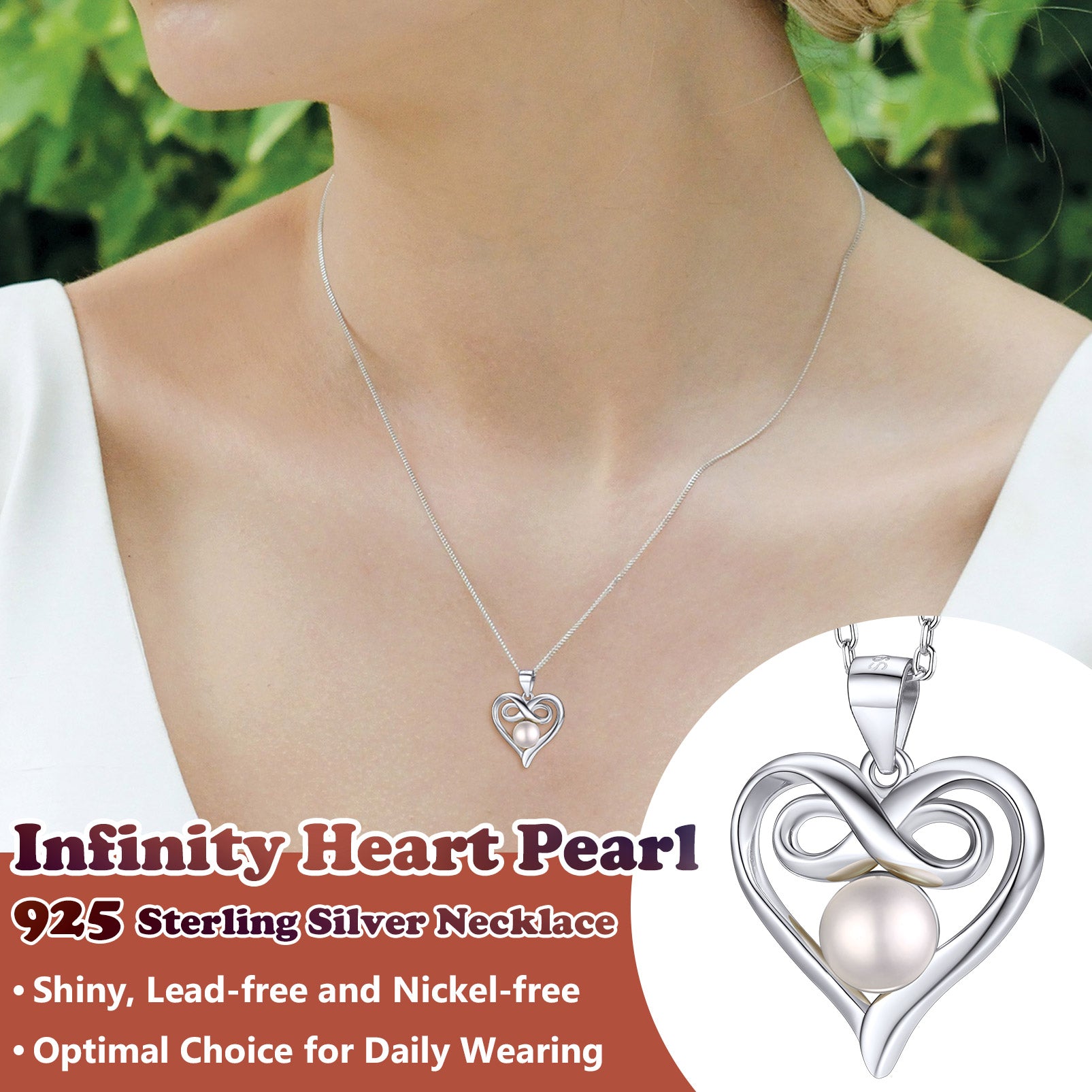 Elegant Heart Infinity Necklace with Freshwater Pearl - Sterling Silver Jewelry Gift for Her - Alrickas’ UNIQUE BOUTIQUE