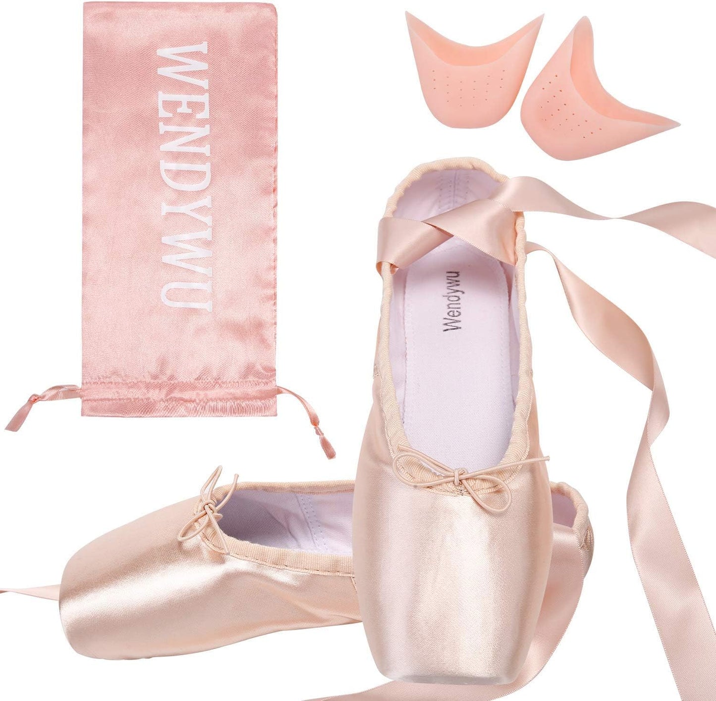 Girls Womens Dance Shoe Pink Ballet Pointe Slippers Ballet Flats Shoes with Ribbons Toe Pads Black Pink Red