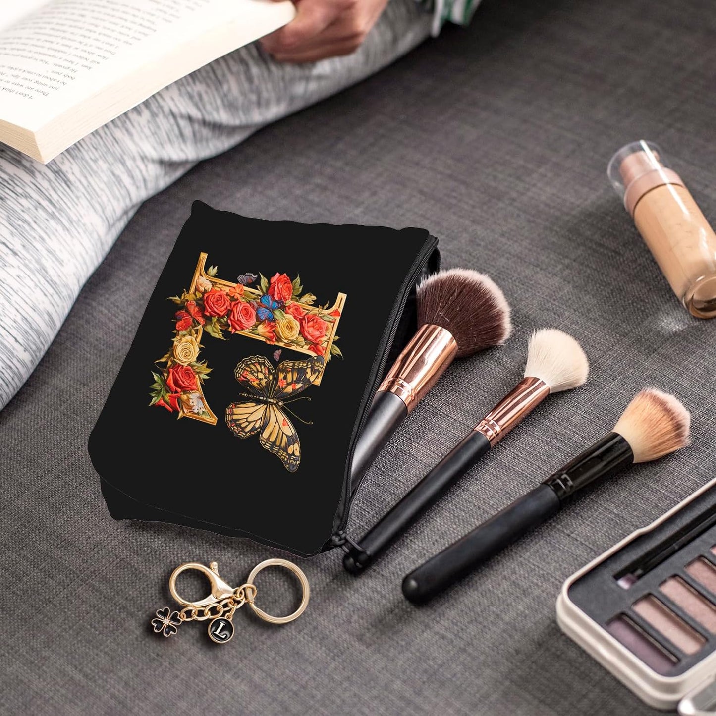 Makeup Bag and Keychain Letters Zipper Pouch Travel Accessories Black Cosmetic Bag Make up Organizer (L)