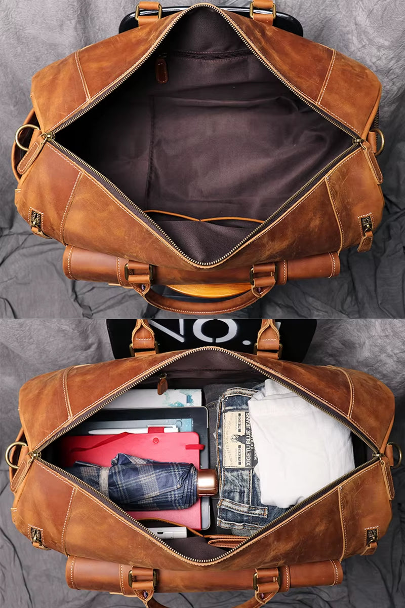 Vintage Crazy Horse Genuine Leather Travel Bag Large Luggage Bag Men Leather Duffle Bag Large Weekend Bag Tote Big