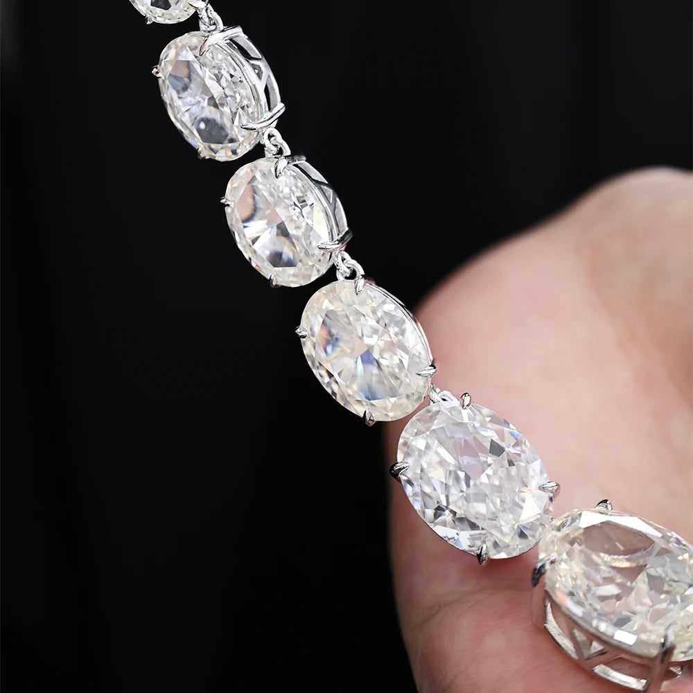 Luxury 925 Sterling Silver G Color Crushed Ice Cut Oval Simulated Moissanite Gemstone Pendant Necklace Fine Jewelry