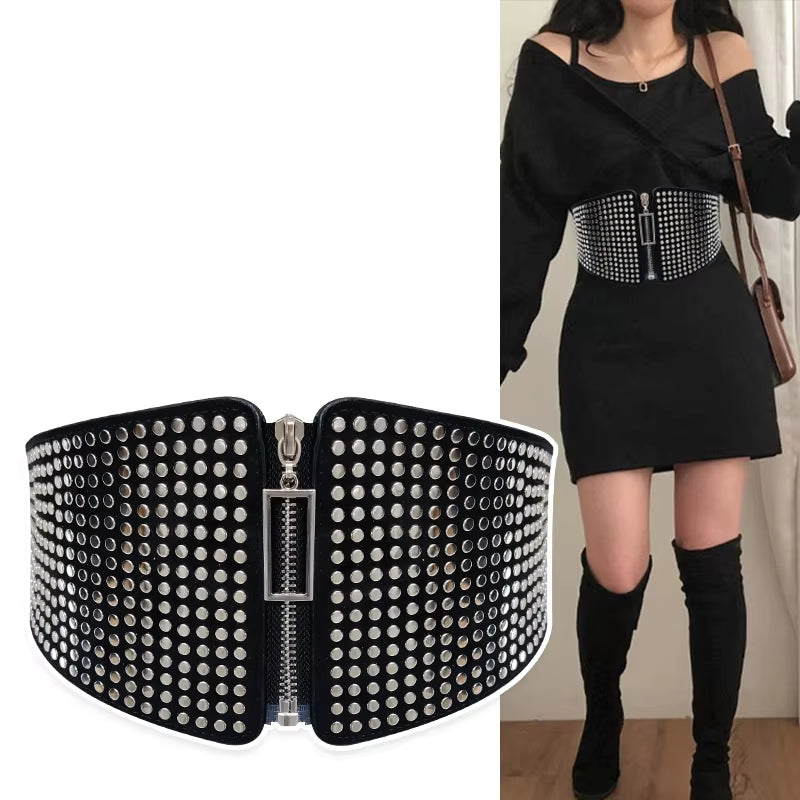 Gothic Punk Rivet Wide Elastic Corset Belt - Plus Size Stretch Cummerbund for Women - Alrickas’ UNIQUE BOUTIQUE