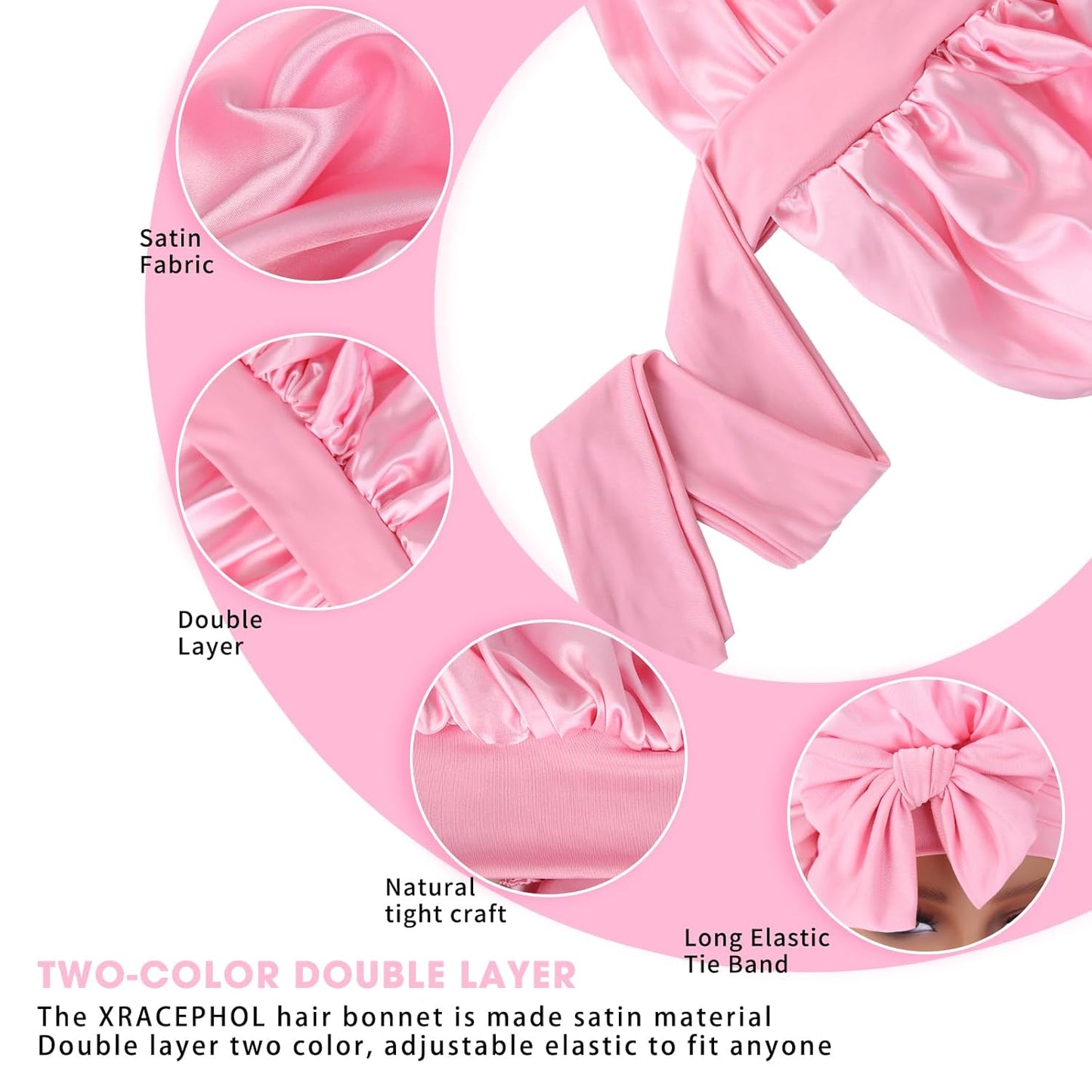Silk Double Layer Satin Hair Bonnet with Elastic Tie Band for Curly Hair - Adjustable, Pink