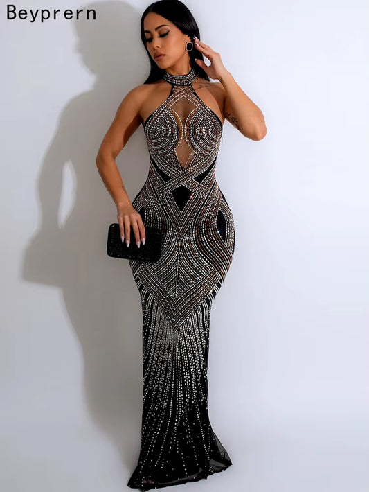 Glamorous Backless Rhinestone Maxi Dress - Perfect for Parties and Celebrity Events - Alrickas’ UNIQUE BOUTIQUE