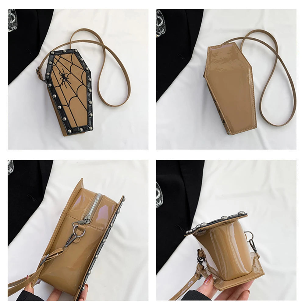Women Gothic Crossbody Bag Coffin Shoulder Bag Purse Cartoon Spider Coffin Bag Y2K Messenger Phone Bag Halloween Sling Purse