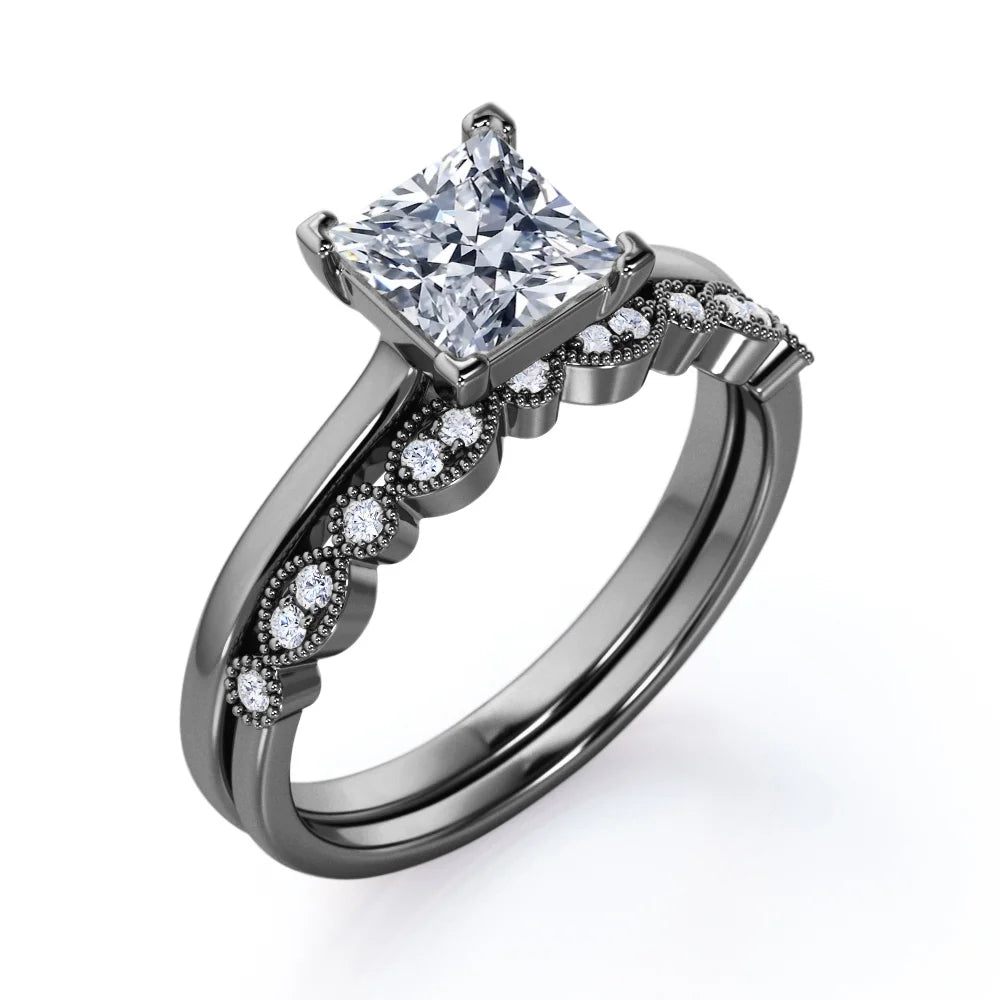 4 Prong Set - 1.50 Carat Princess Cut - Milgrain and Filigree - Wedding Set - 18K Black Gold Plating over Silver (CUSTOMIZE YOUR WEDDING RING BAND)