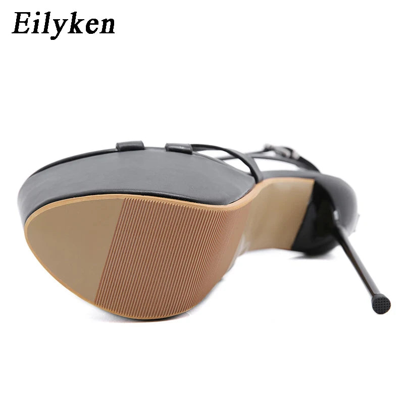 Eilyken Open Toe Ankle Buckle Strap Women Sandals Pumps Party Platform Club Stiletto High Heels Hollow Out Dress Shoes Black