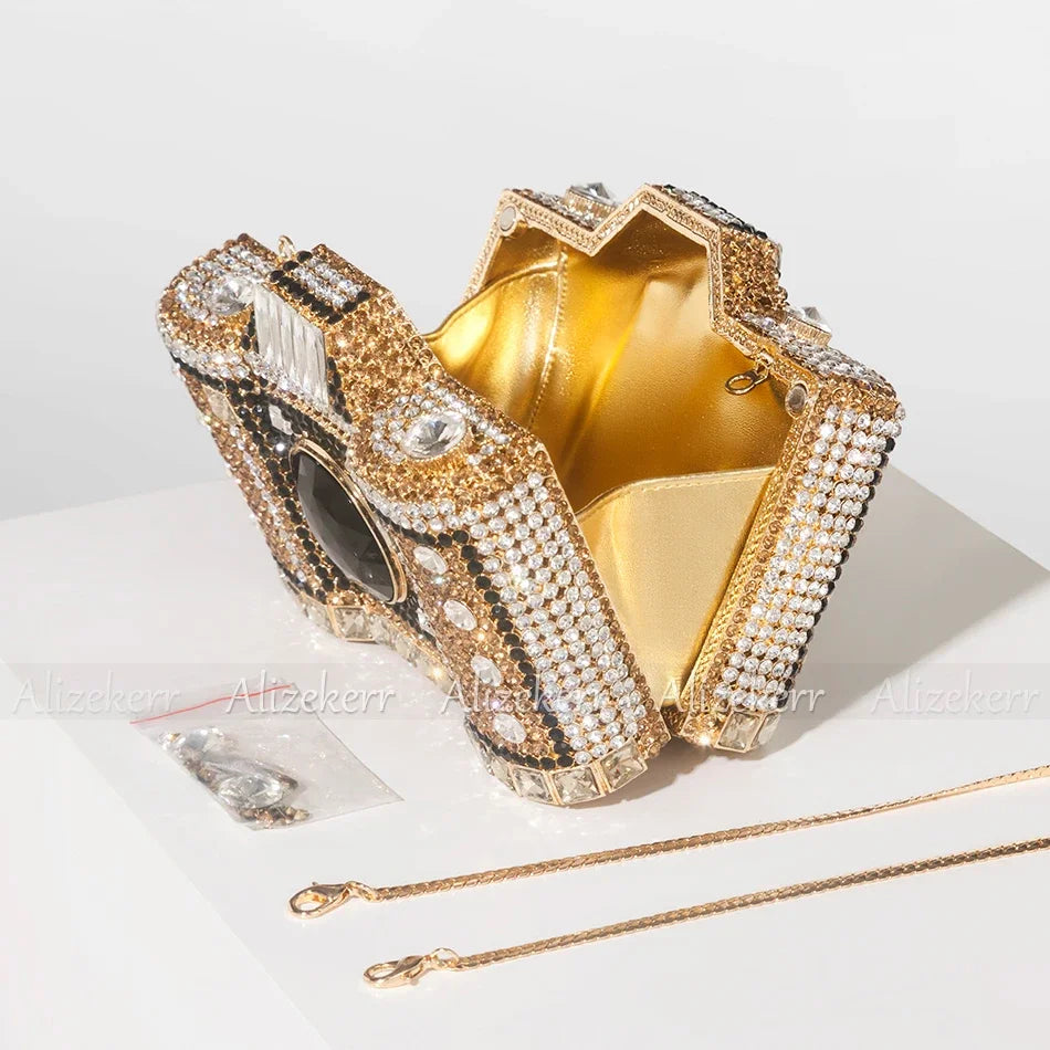 Camera Shaped Diamond Evening Clutch Bags 2024 New Boutique Novelty Metallic Rhinestone Purses and Handbags Bridal Wedding Party