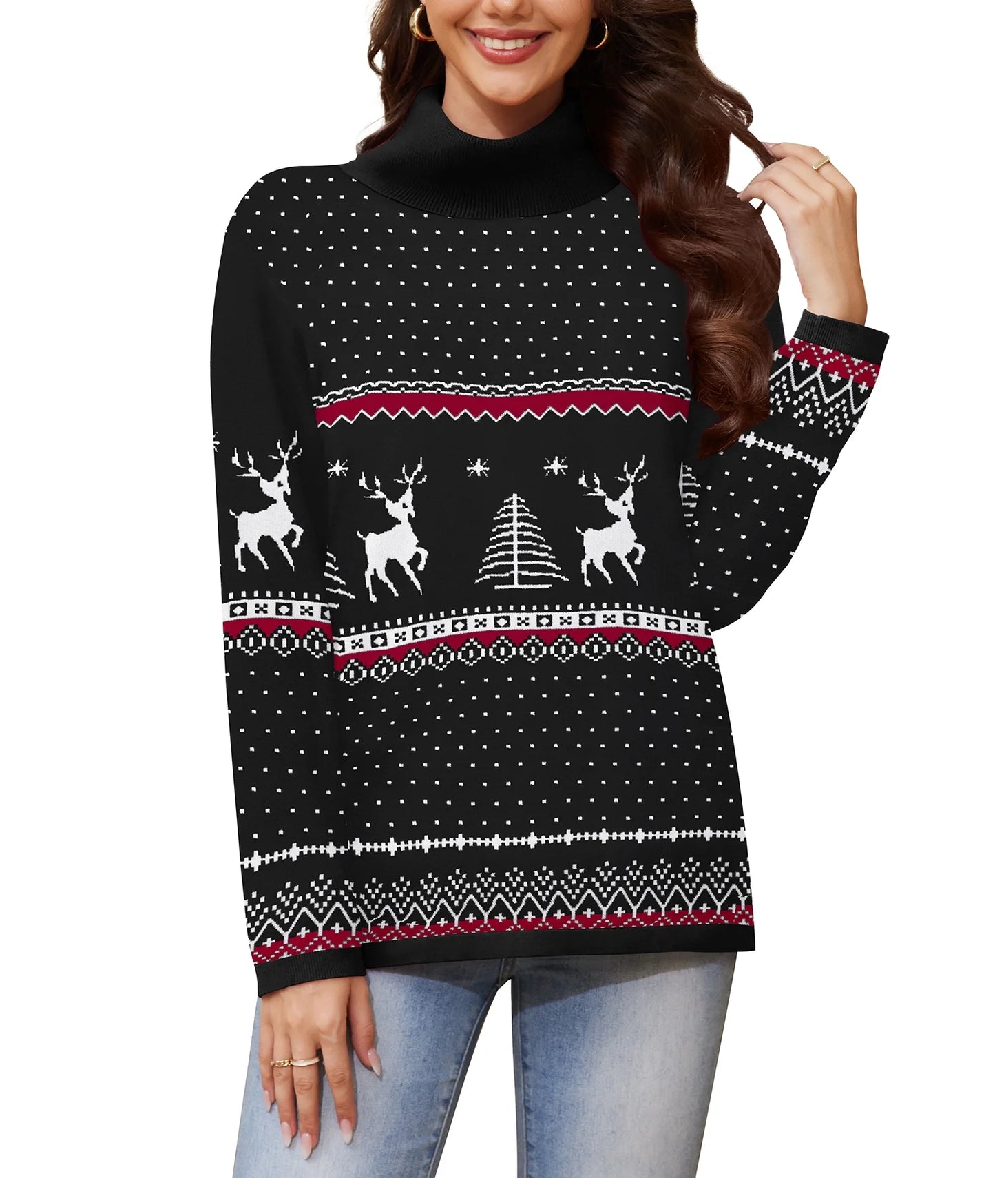 Women'S Turtleneck Sweater Long Sleeve Cozy Warm Casual Lightweight Soft Pullover Jumper Tops,Us Size,Christmas Elk Black,L