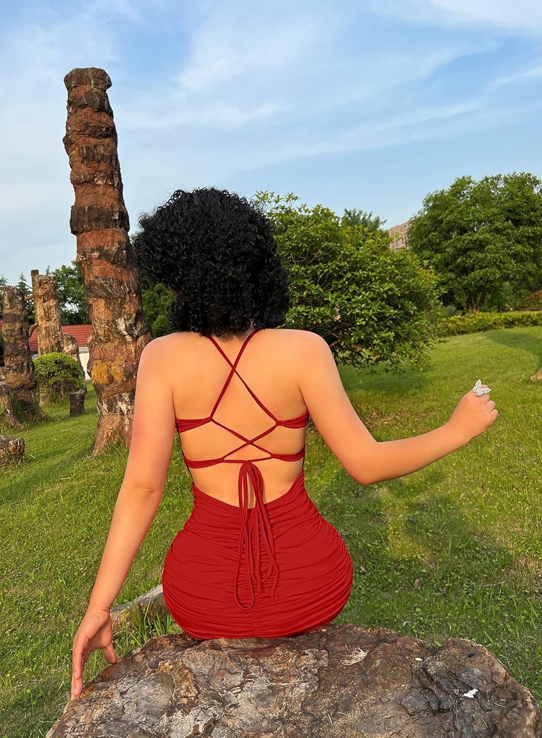 Women'S Sexy Backless Spaghetti Strap Sleeveless Ruched Bodycon Mini Club Dress