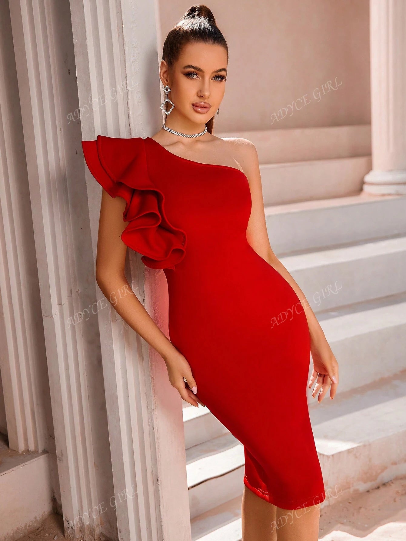 ADYCE One Shoulder Exaggerated Ruffle Trim Split Back Cocktail Party Bandage Dress