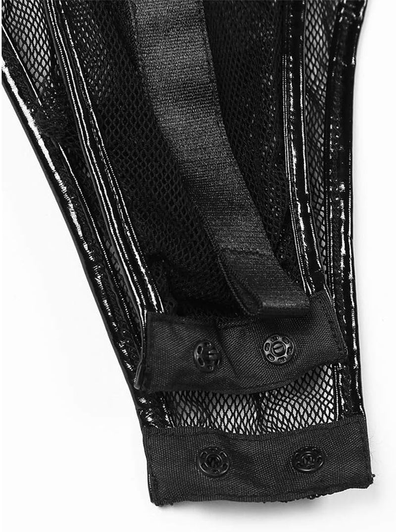 Women’S Wet Look Lingerie Leather Bodysuit Mesh Patchwork Halter Neck High Cut Leotard Bodysuit Clubwear