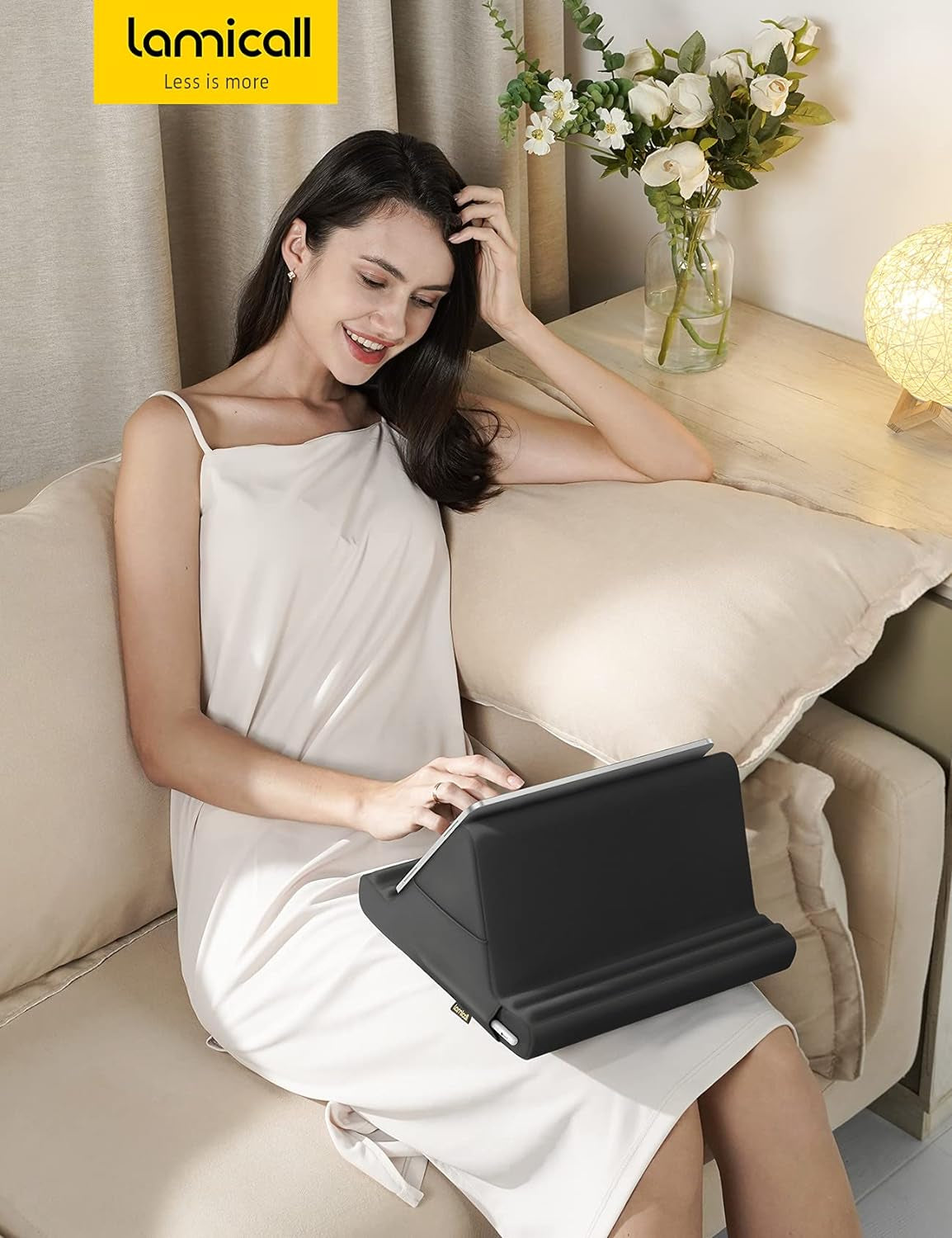 Versatile Tablet Pillow Holder Stand - Soft Pad Dock for Lap, Bed & Desk with Pocket & 4 Viewing Angles - Compatible with 2022 iPad Pro, Air, Mini, Kindle & 4-13" Devices - Sleek Black Design - Alrickas’ UNIQUE BOUTIQUE