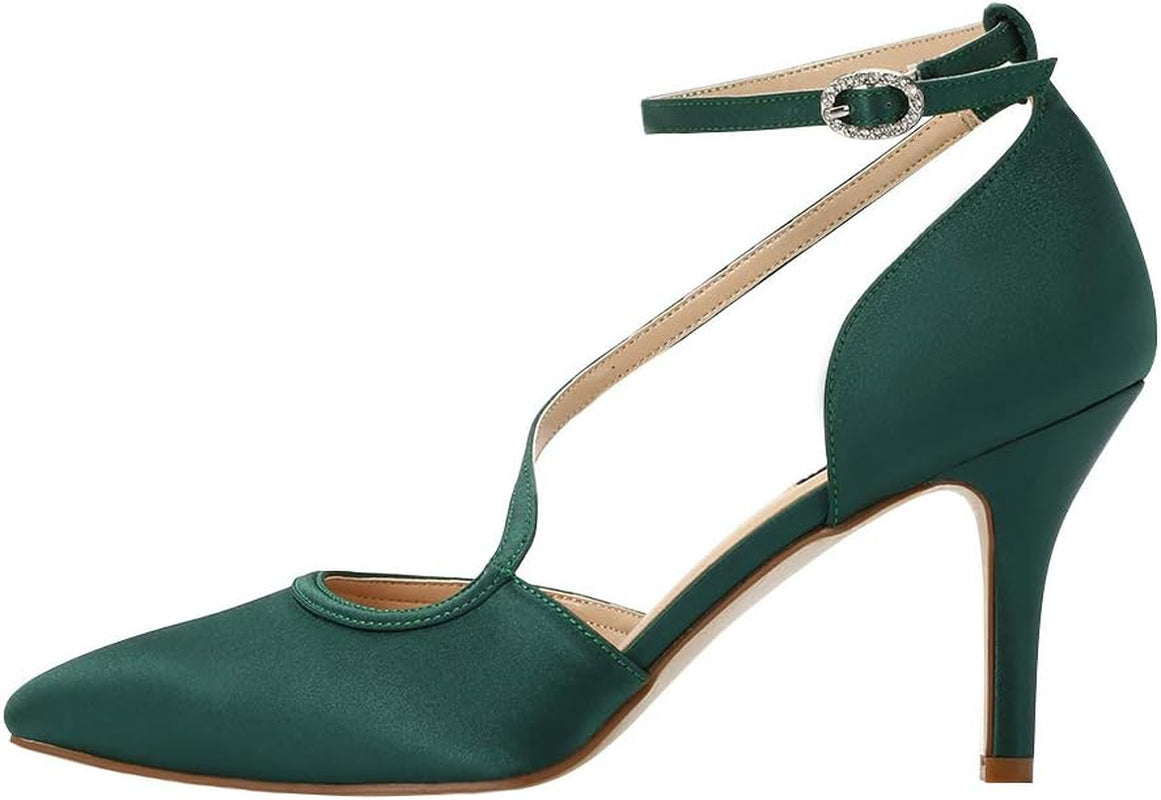 Women Comfortable Mid Heel Ankle Strappy Dress Pumps Pointed Toe Satin Wedding Evening Party Shoes