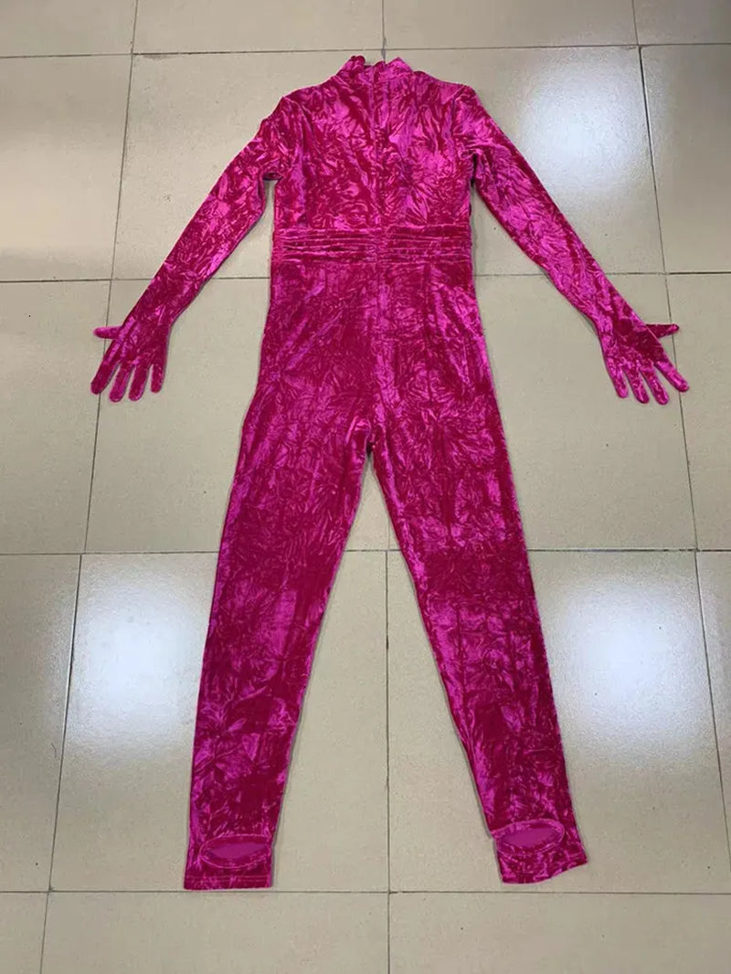 Women S Jumpsuits Rompers Celebrity Fashion Jumpsuit Rosered Color Velvet Women Long Sleeve Sexy Bodycon Full Length Red Carpet Wear 231005