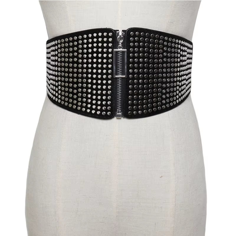 Gothic Punk Rivet Wide Elastic Corset Belt - Plus Size Stretch Cummerbund for Women - Alrickas’ UNIQUE BOUTIQUE
