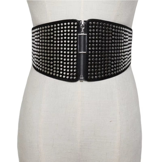 Gothic Punk Rivet Wide Elastic Corset Belt - Plus Size Stretch Cummerbund for Women - Alrickas’ UNIQUE BOUTIQUE