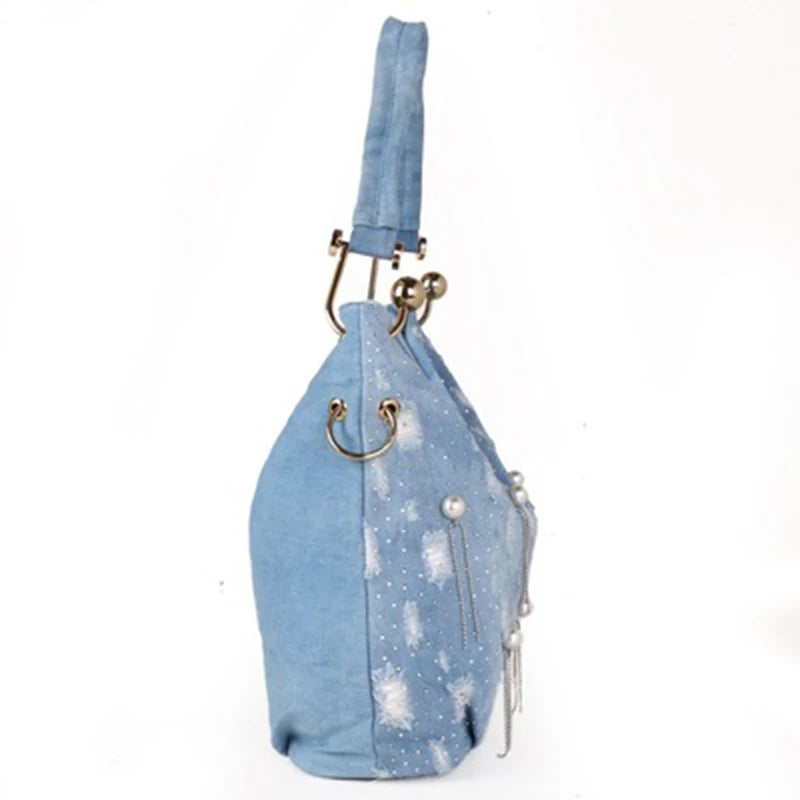 Luxury Pearl Denim Shoulder Bag for Women - High-Quality Designer Crossbody Handbag - Alrickas’ UNIQUE BOUTIQUE