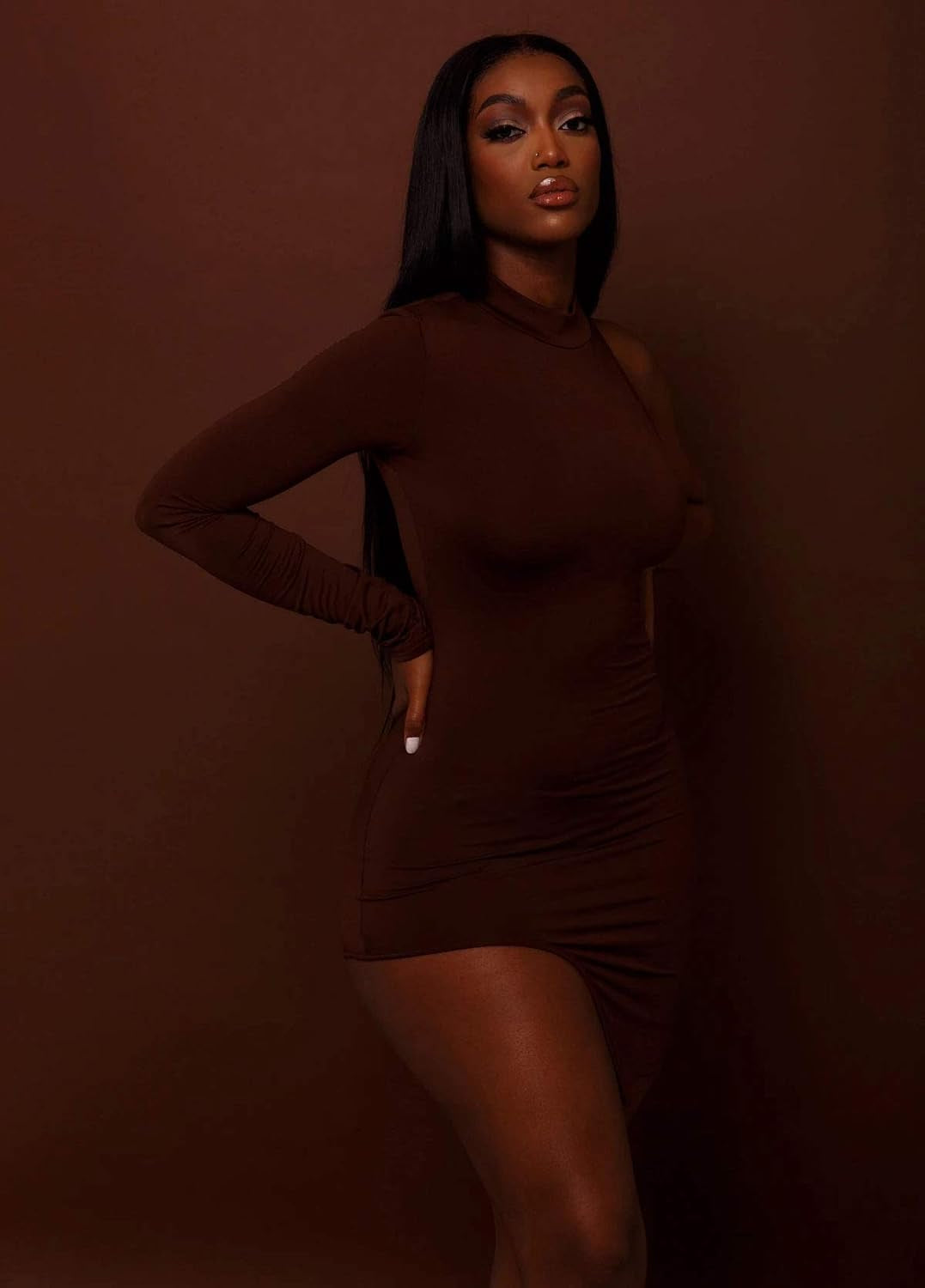 Chic One Shoulder Long Sleeve Bodycon Dress with Side Slit - Perfect for Parties and Clubwear - Alrickas’ UNIQUE BOUTIQUE